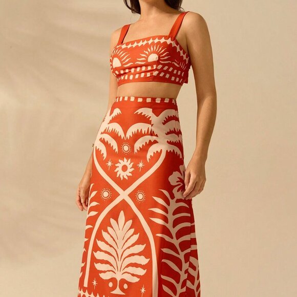 Orange Boho Women's Coconut Print Cropped Cami Top And Fitted Maxi Skirt Set - Picture 3 of 7
